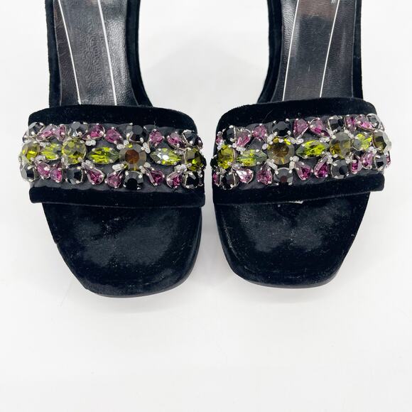 Vintage Prada Black Velvet Jeweled Embellished Platform Wedge Heel Sandals IT 37 - Picture 6 of 10